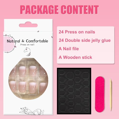 Ceboic 24 Pièces Faux Ongles Français, Carré Court Ongles à Coller Rose Blanc Gradient Press on Nails, Couverture Complète Acrylique Ongles Réutilisables, Ensembles de Manucure pour Femme Fille – vue 5