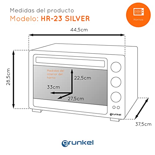 Grunkel - 23 liter multifunctionele elektrische tafeloven zilver met 1600 W vermogen, ideaal voor pizza's en brood, model HR-23 Silver (zilver) - Image 6