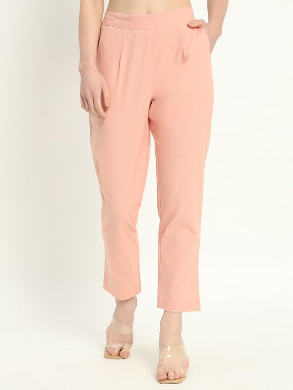 Image of Women's Solid Straight Fit 100% Cotton Trousers | High Waist, Side Pockets, Ankle Length Pants for Office, Casual