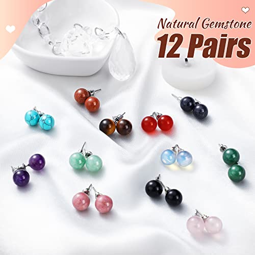 Laumoi 12 Pairs Natural Agate Stone Ball Studs Crystals Gemstone Amethyst Rose Quartz Earrings Studs Round Polished Earrings Jewelry for Women3