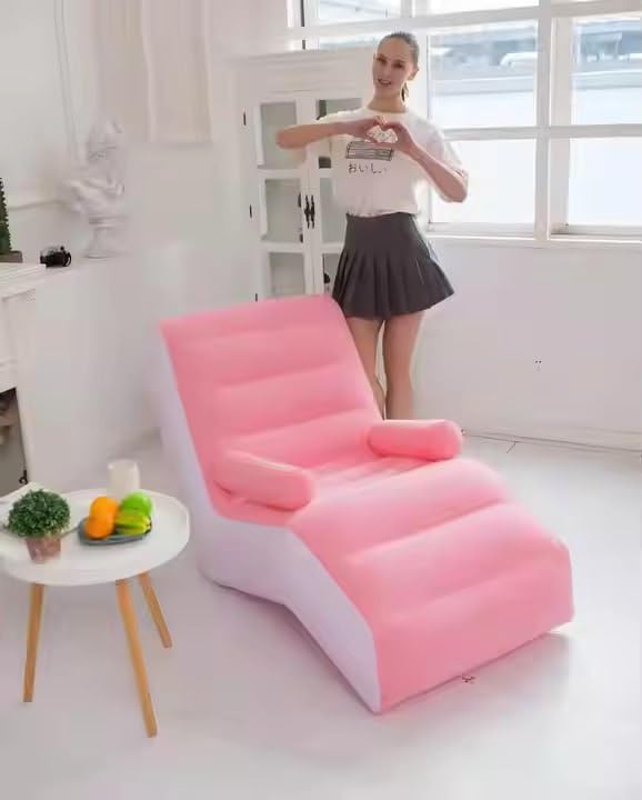 Image of Premium Inflatable Lounge Chair with Back Support | Comfortable Air Sofa Recliner for Living Room, Bedroom & Balcony | Portable Relaxing Couch (Pink & White)
