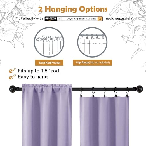 Image of Aiyufeng Lilac Blackout Curtains for Bedroom 63 Inch Length 2 Panels, Solid Thermal Insulated Energy Saving Rod Pocket Window Treatment Curtains Blackout Drapes, W40 x L63 Inch,Lilac