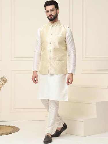 Image of SOJANYA (Since 1958 Men's Silk Blend Kurta Pyjama & Self Design Nehru Jacket Combo