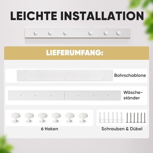 teolix Wäscheständer Wandmontage [2in1 mit extra Kleiderhaken] Ausziehbar und Platzsparend | Wäschetrockner Klein für Wand | Clothes Drying Rack Zeitlos Praktisch - (Weiß, 80cm)