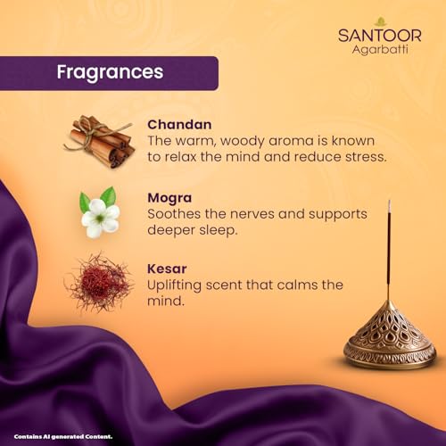 Image of Santoor Three in One Agarbatti. Premium Scented Agarbatti Made with Pure Chandan Lep. Chandan Lep | Mogra | Kesar| Pack of 2