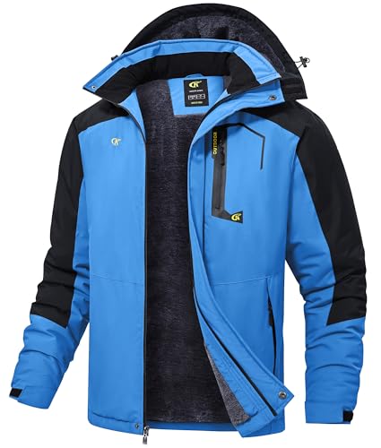 Tyhengta Ski Jacke Herren Wasserdichte Fleece Jacken mit Kapuze Outdoor Wintermantel Winddichte Wander Campingjacke Blau Grau,S