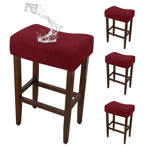 Image of Waterproof Saddle Bar Stool Covers Set of 4 Stretch 14x18Inch Rectangle Burgundy Barstool Covers Counter 4 Pack Jacquard Washable