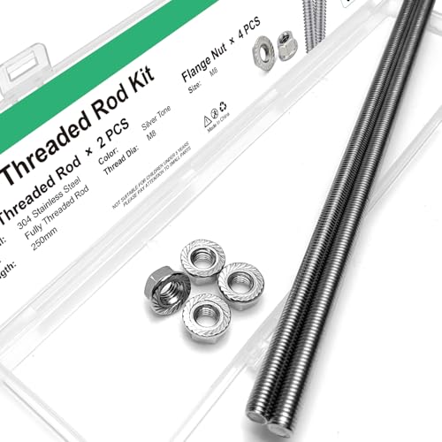 M8-1.25x250mm Fully Threaded Rod Studs, 304 Stainless Steel Long Threaded Screw Right Hand Threads, 2 Pack