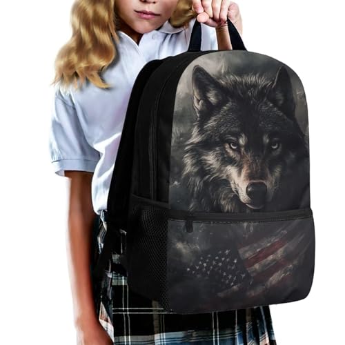 Girls Bookbags Ages 9-12 American Flag Wolf Backpack for Boys Preschool Lightweight 17 Inch School Bags with Front Pockets for Kindergarten Childrens Daily Wear or Casual Daypack3