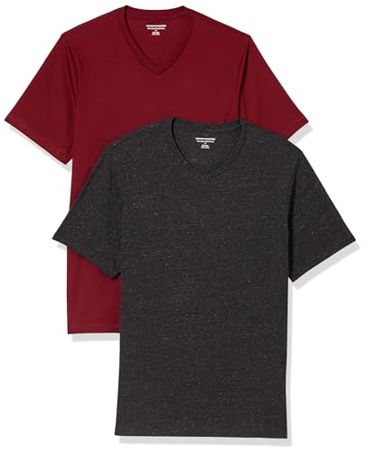 Amazon Essentials Camiseta ajustada de manga corta con cuello en V para hombre, paquete de 2, color carbón jaspeado/rojo oscuro, talla XL