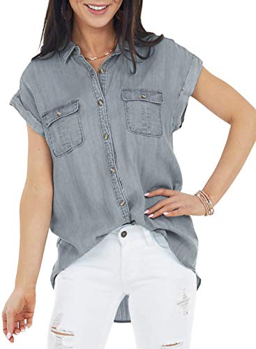 Sidefeel Womens Summer Elegant Cap Sleeve V Neck Denim High Low Hem Button Down Chambray Shirt Loose Pure Color Blouse Short Jeans Tunic Tops Gray Medium