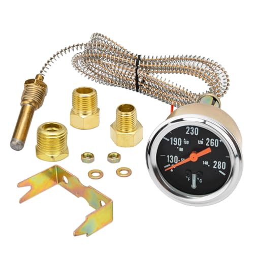 2" 52mm Water Temperature Gauge 7-123 for Cars Ships Vehicles Trucks Accessories, 12V Pointer Mechanical Water Temp Gauge with Yellow Light, 50-140°C/130-280°F Temperature Range, 1.8m Wire Length