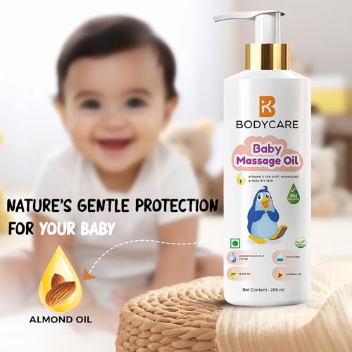 Image of BODYCARE Baby Massage Oil with Olive Oil, Almond Oil & Vitamin E | Dermatologically Tested, Vegan, Toxin-Free, pH Balanced & Nourishing Oil for Soft Baby Skin - 200ml