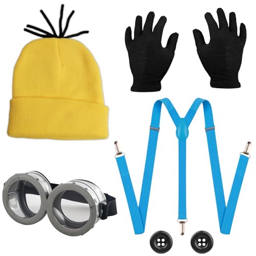 Snyvpra Interessantes Karneval Kostüm Set für Cosplay, Gelbe Mütze Schwarze Handschuhe, Karneval Kostüm Set Cosplay Gelbe Filmfiguren für Erwachsene Kinder