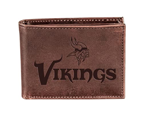 Team Sports America NFL Minnesota Vikings Brown Wallet | Bi-Fold | Officially Licensed Stamped Logo | Made of Leather | Money and Card Organizer | Gift Box Included