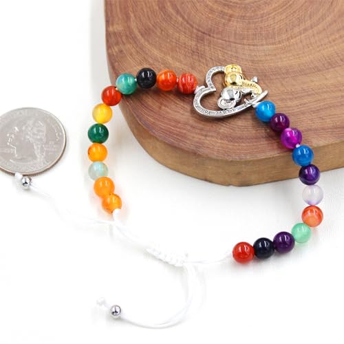 Image of Double Elephant Heart Charm Natural Crystal Bracelet, Treatment Stone Bracelet Calm Stretch Bracelet Women's Stress Relief Gift for Moms I Love You Couple Jewelry