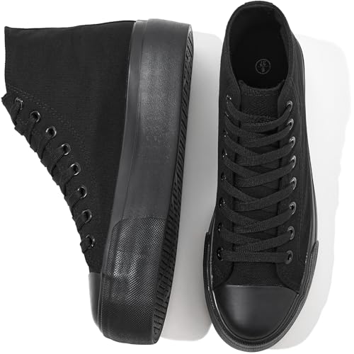 FRACORA Womens High Top Canvas Shoes White Black Platform Sneakers Lace Up Shoes for Women(Full Black,US8)
