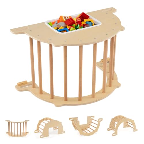 GYMAX Arco da Arrampicata per Bambini, Arco a Dondolo in Legno con Cuscino Accogliente, Struttura per Arrampicata e Dondolo in Legno per Bambini 1+ Anni (Naturale, 80 x 47 x 41cm)