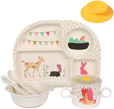 shopwithgreen 7Pcs/Set Bamboo Kids Dinnerware Set - Children Dishes - Food Plate Bowl Cup Spoon Fork Set Dishware, Cartoon Tableware, Dishwasher Safe Kids Healthy Mealtime, BPA Free