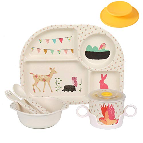 Image of shopwithgreen 7Pcs/Set Bamboo Kids Dinnerware Set - Children Dishes - Food Plate Bowl Cup Spoon Fork Set Dishware, Cartoon Tableware, Dishwasher Safe Kids Healthy Mealtime, BPA Free