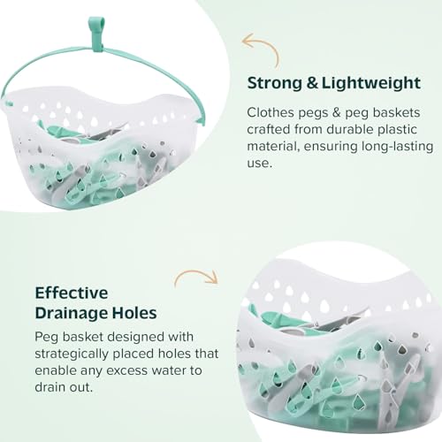 Flatro 36 Pegs for Washing Line with Hanging Basket | Heavy Duty Clothes Pegs Basket with Drainage Holes | Plastic Washing Pegs Basket for Rotary Line with a Hook on the Handle - Image 4