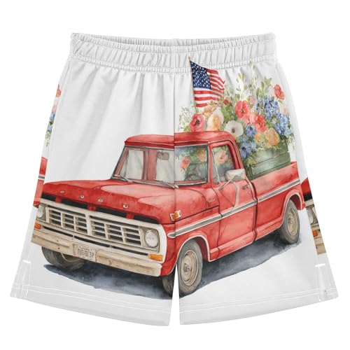 DOMIKING Red Truck Flag Kids Shorts Pull-on Boys Shorts with Elastic Waist Casual Athletic Pants for Summer Outdoor Playwear