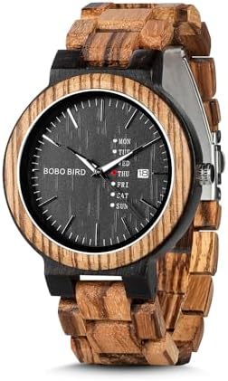 BOBO Bird Week and Date Multi-Functional Display Men's Zebra Wooden Quartz Watch Lightweight Handmade Casual Wristwatches with Gift Box