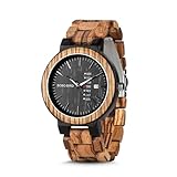BOBO BIRD Mens Wooden Watch Analog Quartz with Week Display Lightweight Handmade Wood Wrist Watch for Men (Black Dial)