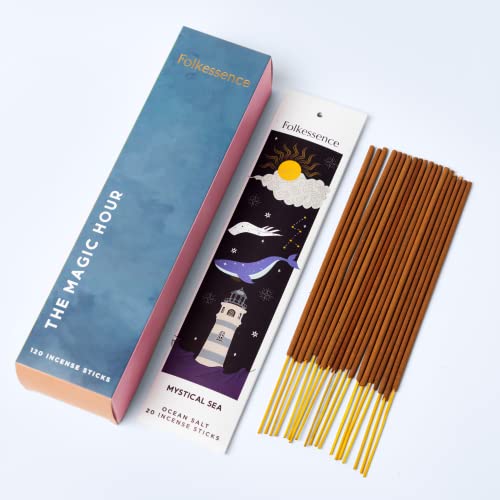 Folkulture-Incense-Sticks-Set-of-6-Insenses-120-Sticks-for-Positive-Aura-Coconut-and-Mango-Oriental-Aqua-Green-Tea-Ocean-Salt-Rose-and-Geranium-Orange-Blossom-Boho-Gift-Set-Magic-Hour