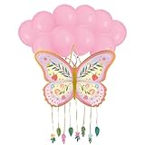 OH YEAH - Piñata Mariposa Cumpleaños Grande 47 x 39 cm + Set Globos Látex Rosa Pastel 30cm - Decoración Fiestas Infantiles - Piñatas Grandes para Rellenar - Juguetes y Chuches - FÁCIL DE RELLENAR