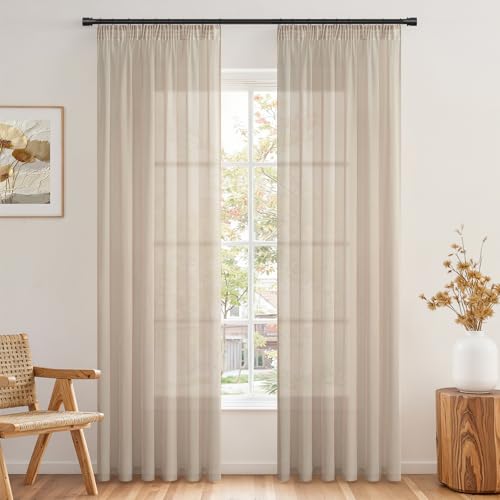 Topfinel Gardinen mit Kräuselband Vorhänge Leinen-Optik Transparent für Wohnzimmer Schlafzimmer Fenster Einfarbige Gardinen Beige 2er Set… – Ansicht 1