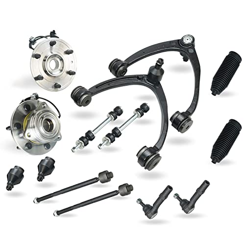 Detroit Axle - 4WD Front 14pc Suspension Kit for Silverado Sierra Yukon XL Suburban 1500 Tahoe Escalade ESV EXT, Wheel Bearing Hubs Control Arms Sway Bars Lower Ball Joint Tie Rods Boots Replacement