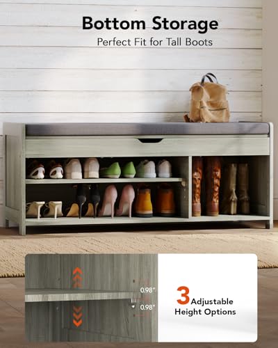 Pipishell Shoe Storage Bench, 2-Tier with Cushioned Seat, Entryway Bench with Adjustable Shelf & Barn Doors, 300 lbs Capacity, 39.4\" x 15\" x 18\", for Entryway, Bedroom, Living Room, Grey