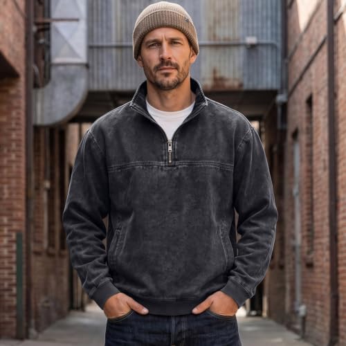 Men's Denim Shirt Washed Retro Quarter Zip Pullover Shirt Denim Top - image 2