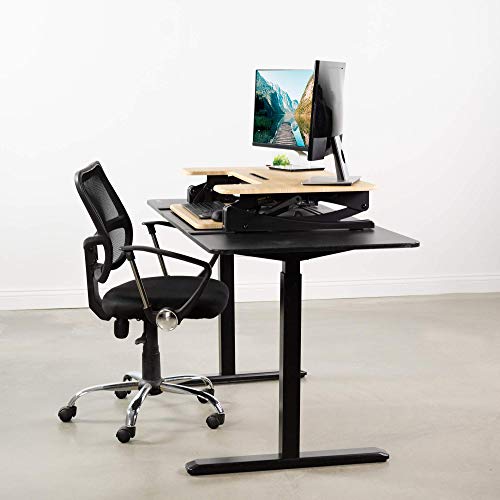 Image of VIVO 36 inch Height Adjustable Stand Up Desk Converter, V Series, Quick Sit to Stand Tabletop Dual Monitor Riser Workstation, Light Wood Top, Black Frame, DESK-V000VO | Height Adjustable, Stand Up Desk Riser, Wide Keyboard Tray, Dual Monitor and Laptop Workstation, Black Frame, V Series