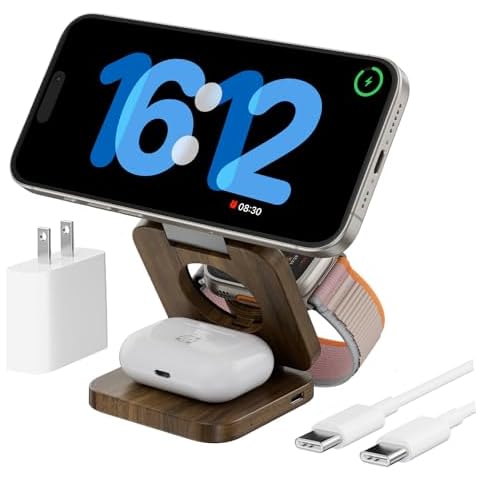 KU XIU X55 Nature Series Fast Magnetic Wireless Charger, Foldable 3 in 1 Charging Station for Apple, Magnetic Travel Charger Stand for iPhone 16 15 14 13 12 Series, for Apple Watch & AirPods-PeachWood Cover