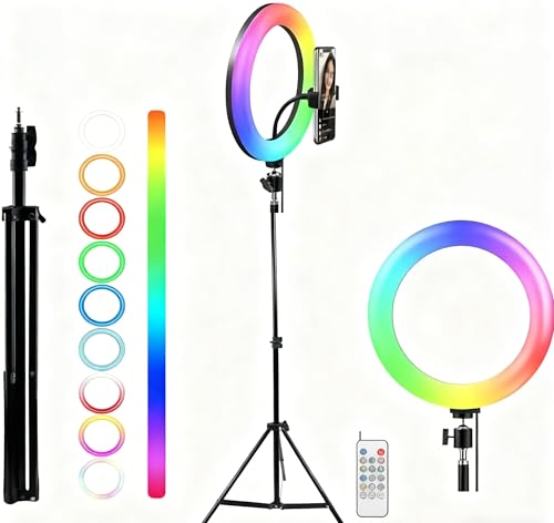 EasySpeed Anillo de Luz RGB 10 con Mando, Ring Light con Trípode Ajustable y Soporte para Móvil, Luz Anular LED Multicolor Regulable para Fotos, Vídeos Streaming en Vivo, Maquillaje, Youtube, TikTok