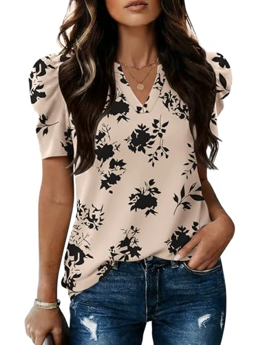 Image of LOMON Spring Summer Tops for Women 2026 V Neck Puff Short Sleeve Tops Fashion Trendy Work Blouses Dressy Casual S-XXL