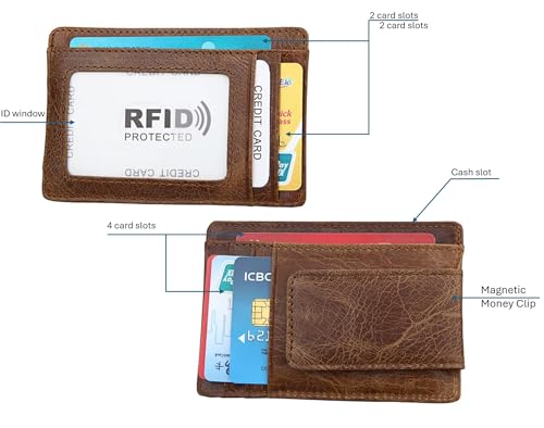 Genuine Cow Leather Slim Minimalist Wallet with Magnetic Money Clip for Men, RFID Blocking Front Pocket Card ID Holder (Black)3