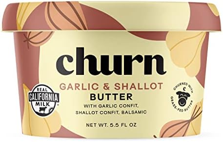 Churn Garlic & Shallot Butter, Flavored Butter Churned with Organic Grass Fed Butter (5.5oz, Pack of 2) - Non-GMO, Hormone-Free, Compound and Finishing Butter, Yellow, 11.0 Ounce