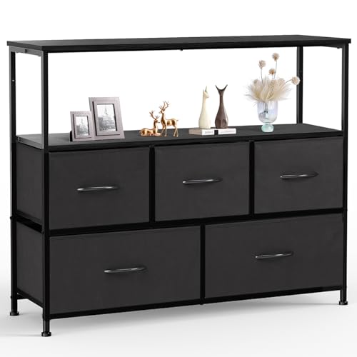 Sweetcrispy Dresser for Bedroom, TV Stand with 5 Fabric Drawers and Open Media Center, Chest of Drawers with Entertainment Center, Steel Frame, Wood Top for Living Room, Entryway