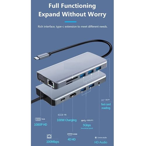 Image of USB HUB 12 in 1 USB c hub Compact 12 Port Aluminium Type C Docking Station 1* HDMI Port, 1* VGA, RJ45, 5 USB 3.0 Ports, 1-3.5mm Audio, USB-C Power Delivery, TF /SD Slot (USB C to 12 in 1 HUB)