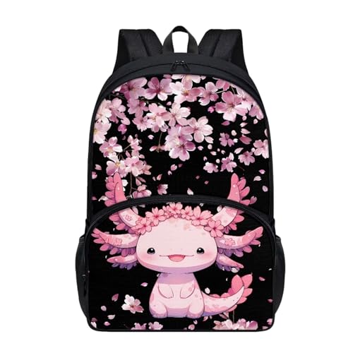 Tuoxiukan Axolotl Backpack For Girls 4th Grade Cherry Blossom School Backpack For Teen Girls Bookbag Lightweight Zipper Schoolbags Large Capacity 17 Inch Kids Casual Daypacks Rucksack