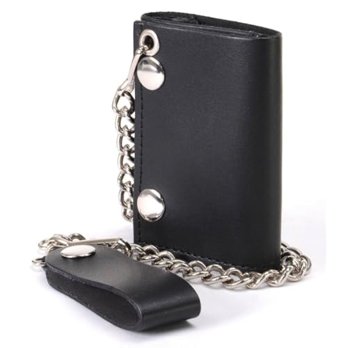 Milwaukee Leather MLW7831 Men's 4" Classic Black Plain Genuine Leather Tri-Fold Biker Wallet w/Anti-Theft Stainless Steel Chain, Black, One Size, Mlw7831 Men's Black Leather 4 Inch Biker Wallet