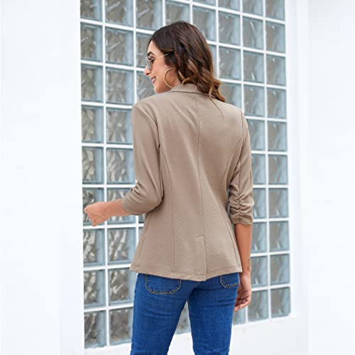 Beyove Women's Stretch 3/4 Gathered Sleeve Open Blazer New Khaki L