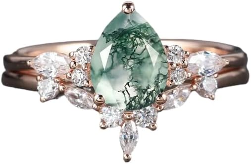 Vintage Pear Cut Moss Agate Bridal Set, Unique Moss Agate Engagement Ring Set, Art Deco 14K Rose Gold Promise Wedding Set Best Friend Gift (HND-SLX-MS-48)