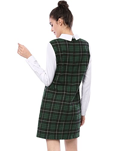Allegra K Women's Contrast Peter Pan Collar Long Sleeve Shift Plaid Dress Green L (US 14)