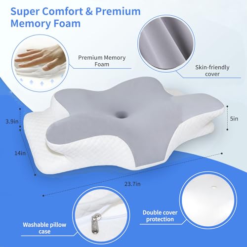 MargGona Cervical Pillow for Neck Pain Relief, Hollow Design Memory Foam Bed Pillow for Side & Back Sleepers, Ergonomic Contour Orthopedic Pillow with Adjustable Support (White with Grey) — view 3