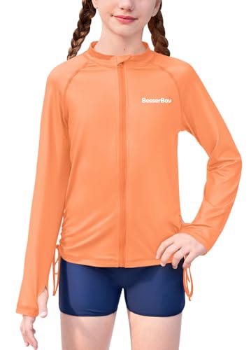 Image of BesserBay Girls Rash Guard UPF 50+ Zip Up Raglan Long Sleeve Adjustable Drawstring Swim UV Jacket 4-14 Years