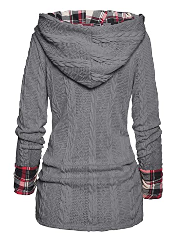 Image of ZEZCLO Women's Twisted Cable Knit Plaid Print Hooded Sweater Mock Button Ruched Shawl Neck Knit Top